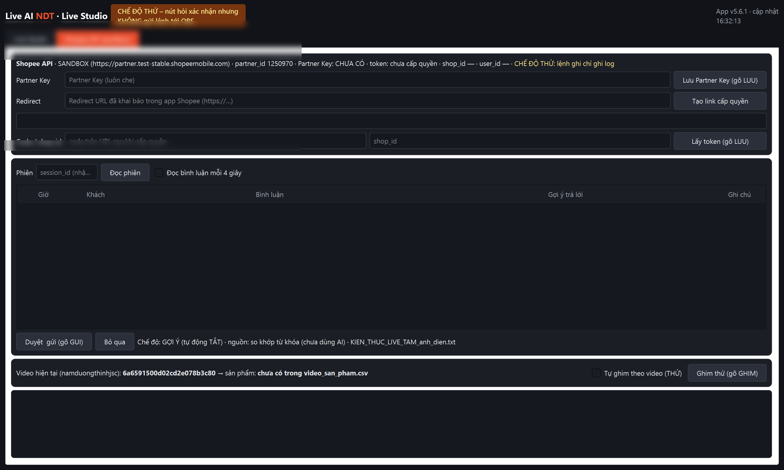 NDT Live AI desktop screen (Shopee API tab, sandbox; configuration fields blurred)